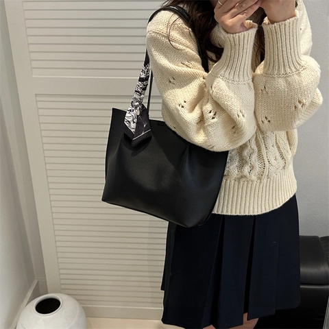 Minimalist PU Leather Tote Bag With Inner Pouch Large Capacity Urban Shoulder Handbag With Decorative Scarf Chic