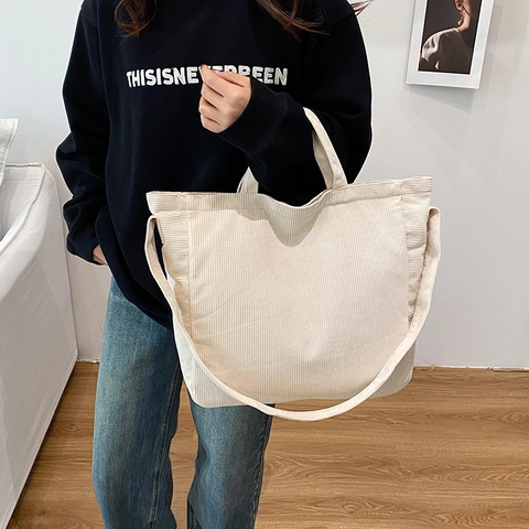 Vintage Corduroy Tote Bag For Women Large Capacity Solid Color Shoulder Bag Minimalist Casual Commuting Handbag With Long Strap