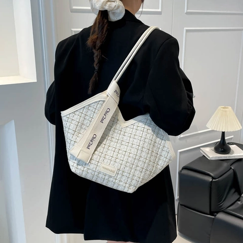 Trendy Dames Tweed Ruitjes Tote Tas Grote Capaciteit Koreaanse Stijl Kleurblok Splitsing V-Vormige Schoudertas Voor Dagelijks