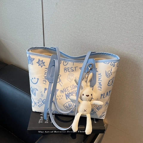 Borsa Tote da Donna con Graffiti alla Moda Borsa a Tracolla in Pelle PU con Pendaglio a Coniglio per Scuola Shopping Viaggio