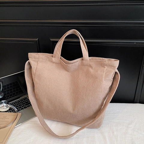 Vintage Corduroy Tote Bag For Women Large Capacity Solid Color Shoulder Bag Minimalist Casual Commuting Handbag With Long Strap