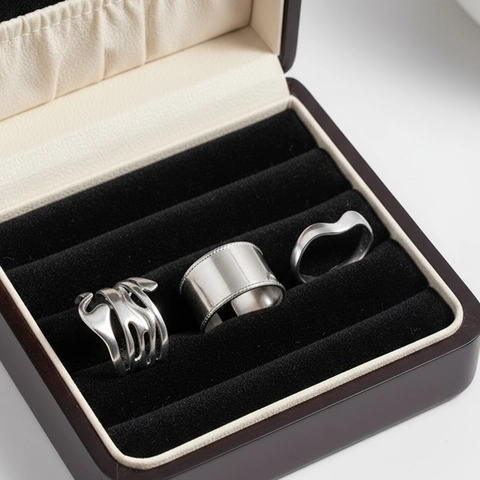 Stainless Steel Open Adjustable Finger Rings Geometric Wide Face Multilayer Wave Chunky Bold Minimalist Jewelry Women