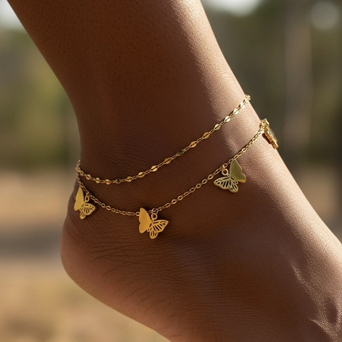 Stainless Steel Double Layer Butterfly Anklet Hollow Pendant Bohemian Summer Beach Foot Jewelry For Women