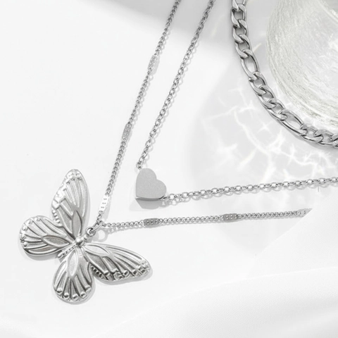 Collier Multi rangs Acier Inoxydable Pendentif Papillon Cœur Chaîne Multiple Bijoux Élégants Pour Femmes