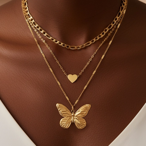 Collier Multi rangs Acier Inoxydable Pendentif Papillon Cœur Chaîne Multiple Bijoux Élégants Pour Femmes