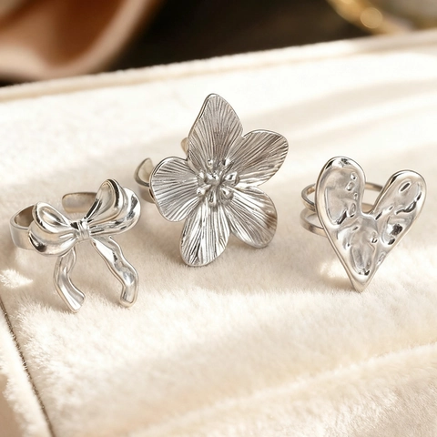 Retro Stainless Steel Rings Flower Heart Bow Design Adjustable Open Hammered Textured Finger Jewelry For Women Men