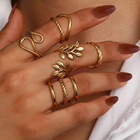 Stainless Steel Open Rings For Women Minimalist Geometric Hollow Snake Leaf Adjustable Gold Silver Fashion Jewelry Finger Rings