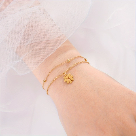 Bracciale Con Pendente A Margherita A Doppio Strato Acciaio Inossidabile Catena Con Sfere Minimalista Fiore Cavo Gioielli Da Donna