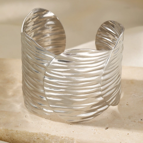 Wide Open Cuff Bracelet Stainless Steel Ripple Texture Gold Plated Adjustable Statement Jewelry For Women
