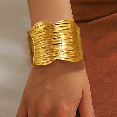 Wide Open Cuff Bracelet Stainless Steel Ripple Texture Gold Plated Adjustable Statement Jewelry For Women
