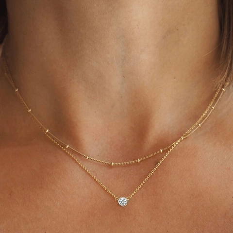 Stainless Steel Double Layer Satellite Chain Necklace For Women Gold Silver Plated Round Cubic Zirconia Pendant Layered Choker Jewelry