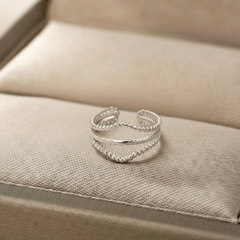 Roestvrijstalen Ring Drie Lagen 18K Verguld Zirkoon Onregelmatig Open Verstelbaar Ontwerp Lichte Luxe Voor Dames