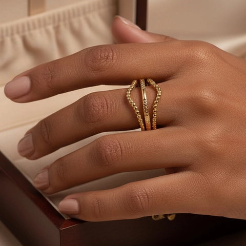 Roestvrijstalen Ring Drie Lagen 18K Verguld Zirkoon Onregelmatig Open Verstelbaar Ontwerp Lichte Luxe Voor Dames
