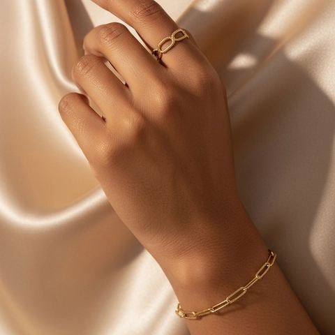 Roestvrijstalen Armband En Ring Paperclip Ketting Getextureerde Verstelbare Open Ring Voor Dames Mode Accessoire