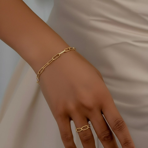 Roestvrijstalen Armband En Ring Paperclip Ketting Getextureerde Verstelbare Open Ring Voor Dames Mode Accessoire