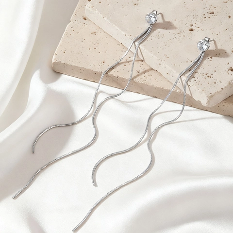 Roestvrijstalen Lange Kwastjes Oorbellen Met Ronde Zirconia Elegante Slangenketting Lineaire Druppel Voor Vrouwen Minimalistisch