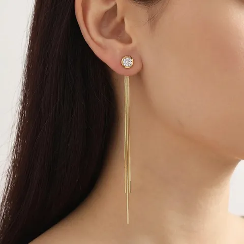 Roestvrijstalen Lange Kwastjes Oorbellen Met Ronde Zirconia Elegante Slangenketting Lineaire Druppel Voor Vrouwen Minimalistisch