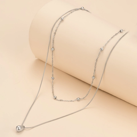 Double Layer Stainless Steel Necklace With Teardrop Pendant Beaded Snake Bone Chain Minimalist Jewelry For Women