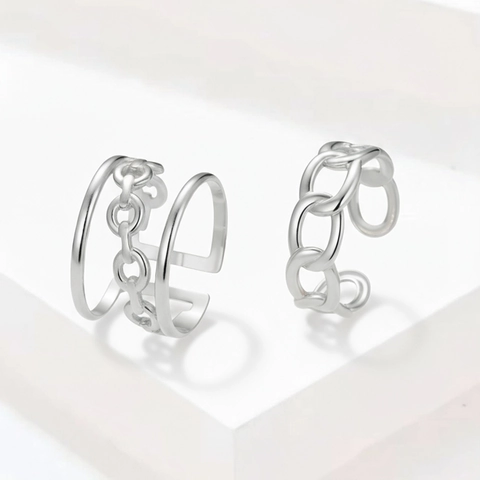 Adjustable Open Rings Set 18K Gold Plated Stainless Steel Punk Style Hollow Out Chain Link Jewelry For Women Men