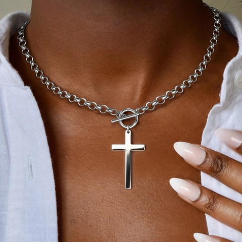 Stainless Steel Cross Pendant Necklace For Women Gold Silver Plated Toggle Clasp Thick Chain Clavicle Jewelry Gift