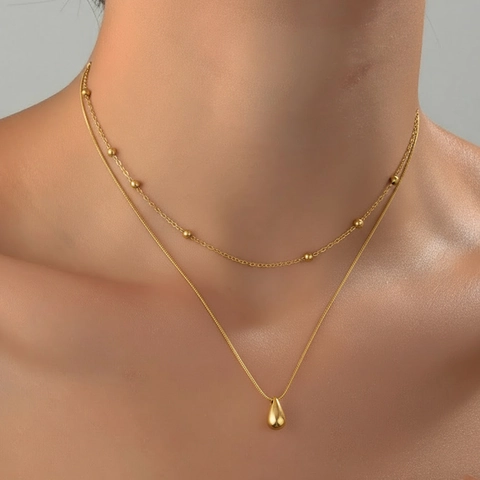 Double Layer Stainless Steel Necklace With Teardrop Pendant Beaded Snake Bone Chain Minimalist Jewelry For Women
