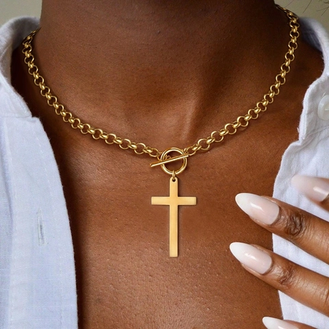 Stainless Steel Cross Pendant Necklace For Women Gold Silver Plated Toggle Clasp Thick Chain Clavicle Jewelry Gift