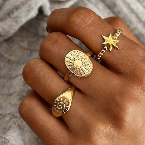 Himmlische Sterne Sonne Und Spirale Offene Ringe Edelstahl Verstellbar Hip Hop Punk Schmuck Für Damen Herren