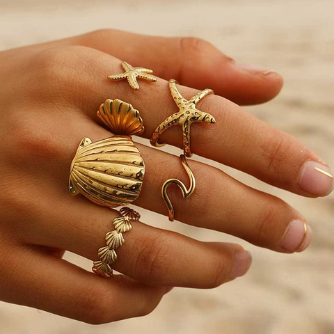 Schelp Zeester Ringen Roestvrij Staal 18K Verguld Verstelbaar Open Vinger Sieraden Oceaan Thema Voor Vrouwen
