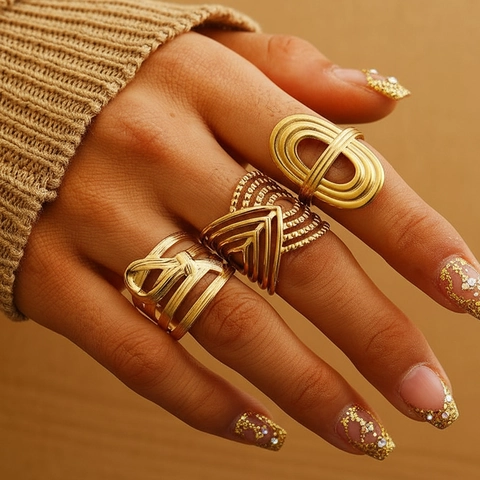 Geometric Stainless Steel Rings Hollow Wide Band Open Adjustable Bohemian Stacking Finger Jewelry For Women