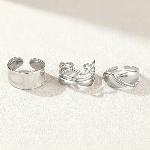 Adjustable Open Rings Stainless Steel 18K Gold Plated Wide Irregular Textured Wave Geometric Trendy Minimalist For Women