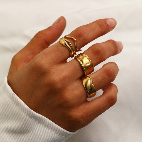 Adjustable Open Rings Stainless Steel 18K Gold Plated Wide Irregular Textured Wave Geometric Trendy Minimalist For Women