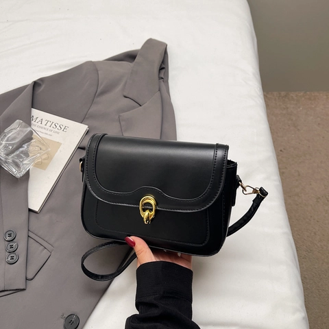 Bolso de Hombro Cuadrado Pequeño de Cuero PU Minimalista Retro para Mujer Bolso Cruzado de Moda con Cierre de Metal Dorado Color Sólido