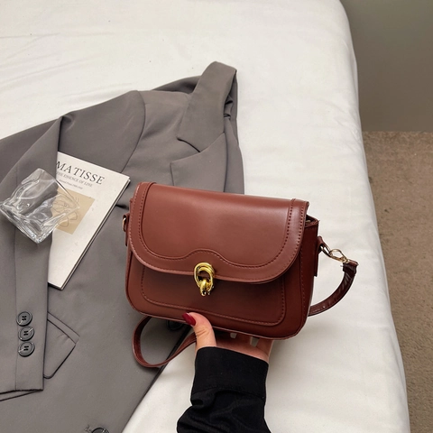 Bolso de Hombro Cuadrado Pequeño de Cuero PU Minimalista Retro para Mujer Bolso Cruzado de Moda con Cierre de Metal Dorado Color Sólido