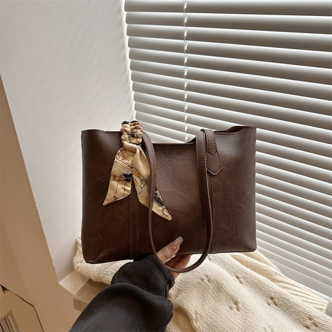 Women Minimalist PU Leather Tote Bag With Print Satin Scarf Large Capacity Commuting Shoulder Bag Retro Solid Color Handbag