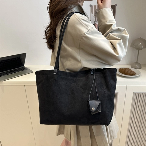 Bolso Tote Retro de Gamuza Sintética para Mujer Gran Capacidad Color Sólido Minimalista Bolso de Hombro para el Diario