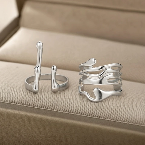 Liquid Metal Ringe 18K Vergoldet Edelstahl Offen Verstellbar Irregulär Lava Stil Stapelbarer Schmuck Für Damen