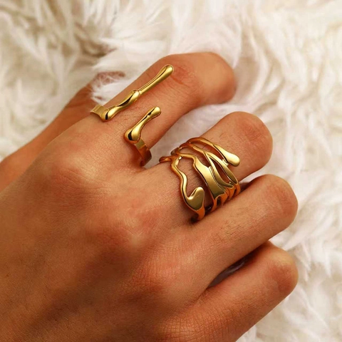 Liquid Metal Ringe 18K Vergoldet Edelstahl Offen Verstellbar Irregulär Lava Stil Stapelbarer Schmuck Für Damen