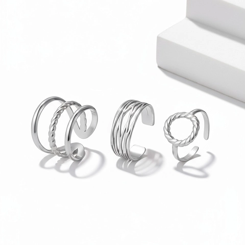 Stainless Steel Rings For Women Multi Layer Cross Line Geometric Hollow Round Open Adjustable Vintage Fashion Jewelry