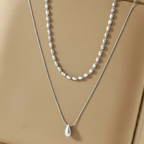 Double Layer Stainless Steel Necklace For Women Teardrop Pendant Oval Bead And Snake Chain Minimalist Elegant Jewelry
