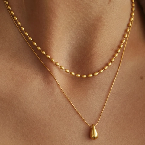Double Layer Stainless Steel Necklace For Women Teardrop Pendant Oval Bead And Snake Chain Minimalist Elegant Jewelry
