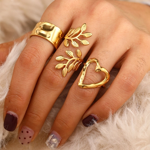 Stainless Steel 18K Gold Plated Heart Leaf Adjustable Open Rings Vintage Aesthetic Stackable Minimalist For Women