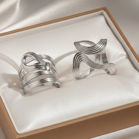 Adjustable Open Rings Set Stainless Steel 18K Gold Plated Irregular Wave Multi Layer Intertwined Textured Geometric