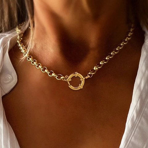 Collana Girocollo A Catena Rolo In Acciaio Inossidabile Con Chiusura A Molla Rotonda Grande Gioielli Retrò Minimalisti