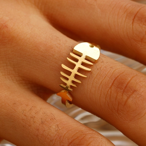 Visgraat Verstelbare Ring Roestvrij Staal 18K Verguld Vintage Punk Skelet Sieraden Voor Dames Unisex
