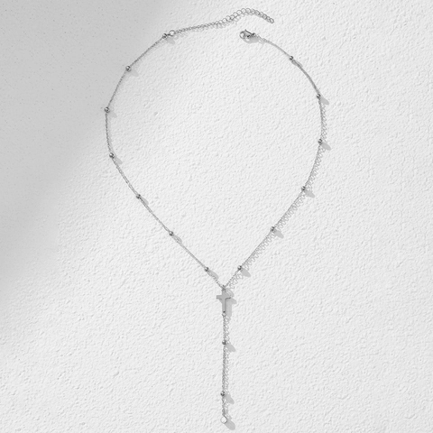 Stainless Steel Cross Pendant Beaded Y Shape Necklace Gold Silver Plated Zirconia Tassel Choker For Women Elegant Jewelry Gift