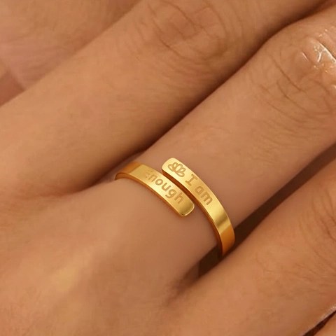 I Am Enough Engraved Ring Stainless Steel Motivational Inspirational Open Adjustable Band Lotus Jewelry For Women Men