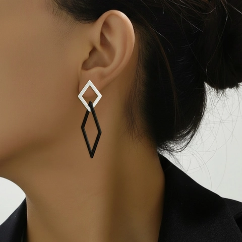 Geometrische In elkaar Grijpende Rhombus Hangoorbellen Roestvrij Staal Minimalistisch Modern Tweekleurig Zwart Zilver