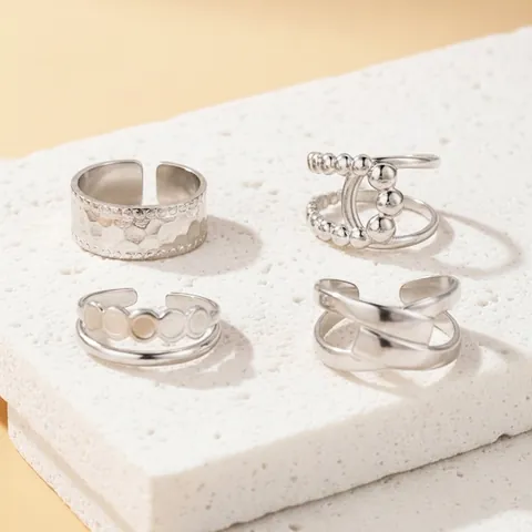 Geometric Hollow Open Rings Stainless Steel Hammered Beaded Adjustable Finger Jewelry Minimalist Trendy For Women
