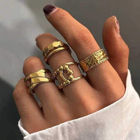 Geometric Hollow Open Rings Stainless Steel Hammered Beaded Adjustable Finger Jewelry Minimalist Trendy For Women