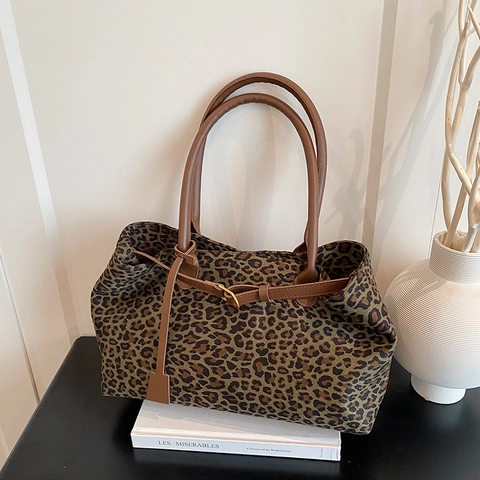 Borsa Tote a Spalla Leopardata Grande Capacità per Donna Pelle PU Borsa a Spalla Vintage Scamosciata Elegante Borsa Sottobraccio